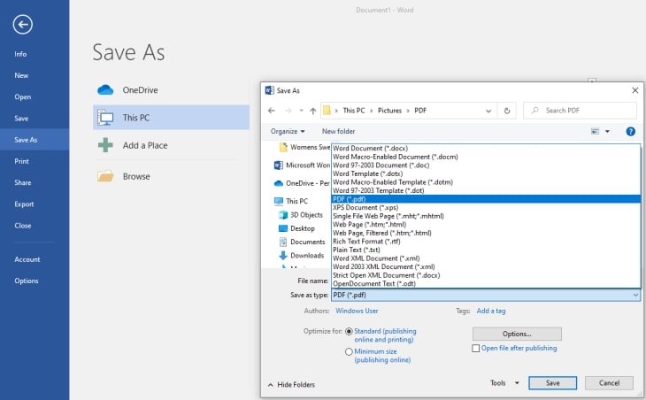 Save the file as PDF in Microsoft Word