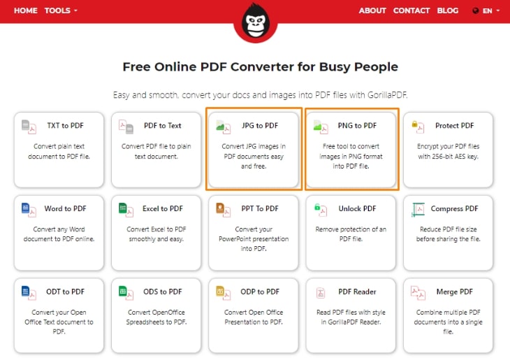 GorillaPDF JPG to PDF and PNG to PDF online tools