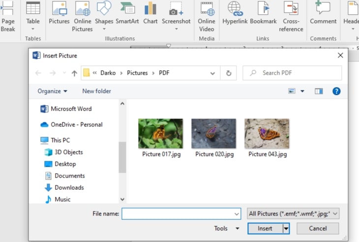 Insert the images in MS Word for Merging
