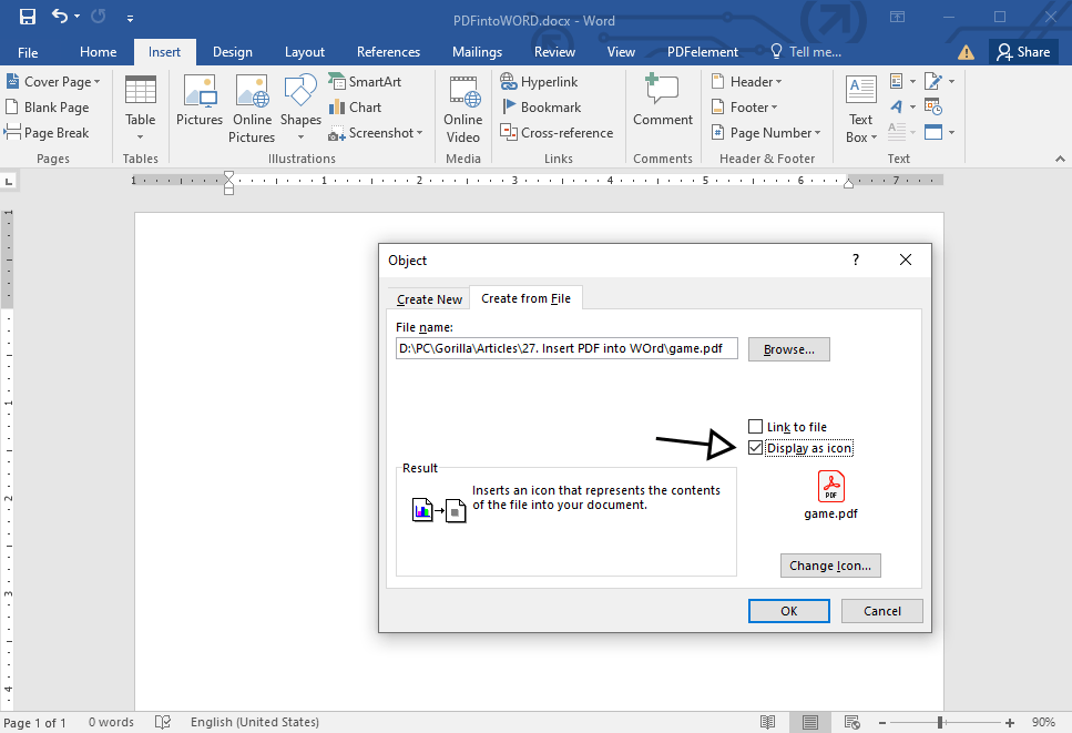 Display as icon when insert PDF as linked object in Word