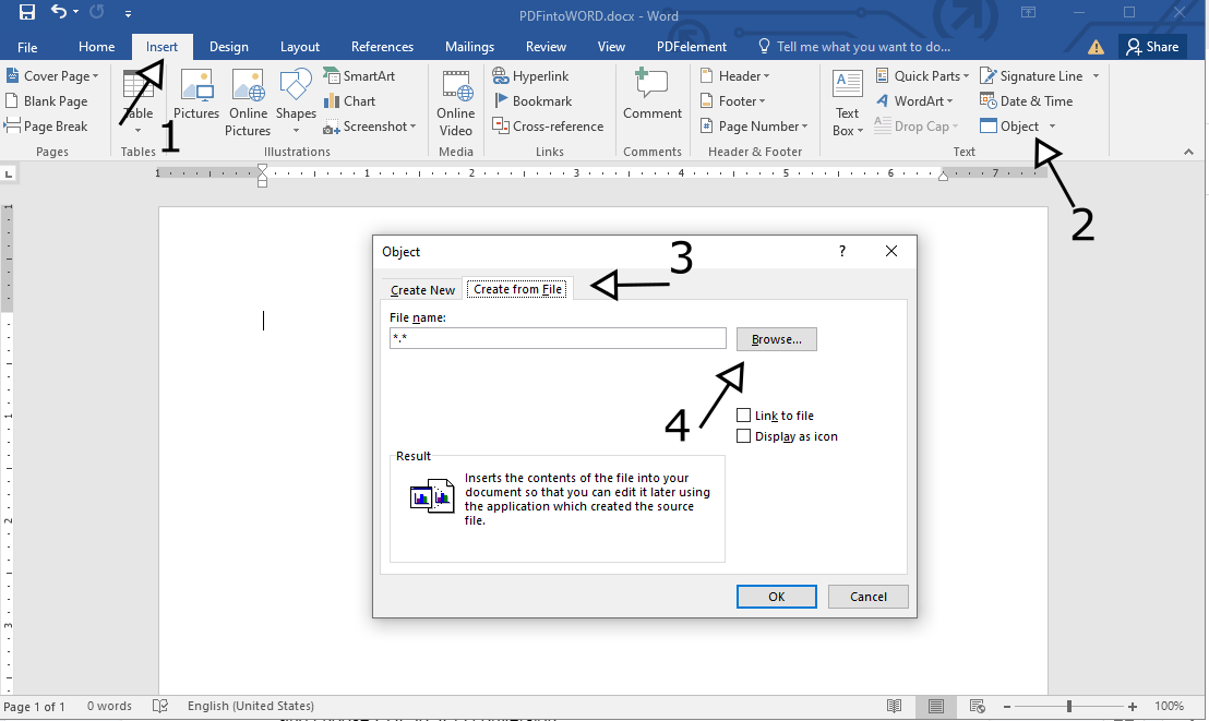 Steps to insert PDF into Word with the Insert Object feature