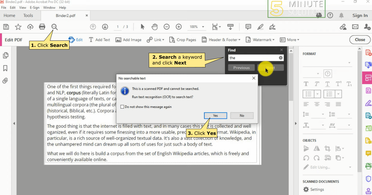 Make PDF searchable by Edit in Adobe Acrobat Pro DC