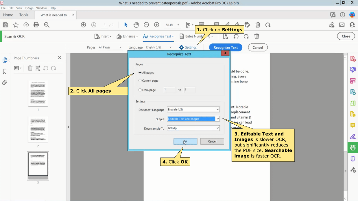 Recognize text settings in Adobe Acrobat Pro